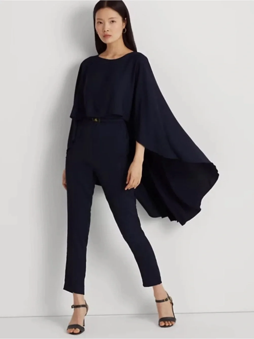 NWOT Ralph Lauren belted cape Georgette jump suit in Navym